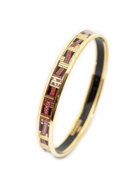 Hermes Enamel Bangle Red Gold Ribbon Motif Bracelet